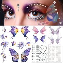 8 Glitter Makeup Butterfly Face Tattoos Stickers 2 Face Gems Hair jewels Pearl S - £16.79 GBP