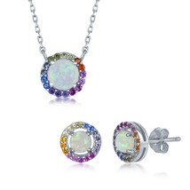 Sterling Silver Round White Opal Rainbow CZ Necklace and Earrings Set - £55.72 GBP
