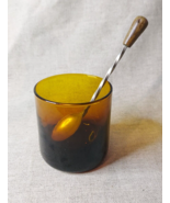 Vintage Amber Glass Condement Pot With Twist Stem Spoon - $30.71