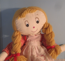 Vintage 16&quot; Rag Doll Yellow Yarn Hair Red Checkered Dress Stuffed Toy - £21.50 GBP