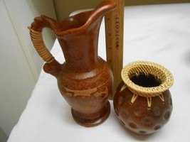 Vintage Lot Mexican Decor Gecko pitcher &amp; handmade vase heavy stoneware brown  - £16.77 GBP