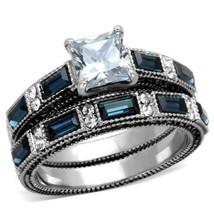 Princess Cut Clear and Blue CZ Wedding Set Stainless Steel TK316 - £18.38 GBP