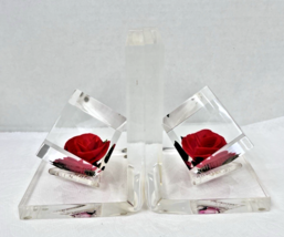 Pair Vintage Red Rose Reverse Carved Lucite Bookends In Excellent Shape ... - $64.35