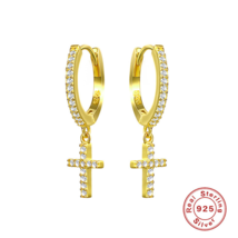 Anyco Earrings Gold Plated Trendy Geometric White Zircon Cross Stud For Women - £18.21 GBP