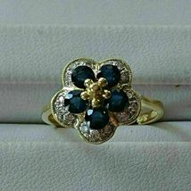 2.05Ct Sapphire &amp; Diamond Flower Engagement Wedding Ring 14K Yellow Gold Finish - £89.35 GBP