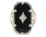 14k White Gold Floral Filigree Genuine Natural Black Onyx Diamond Ring (... - $792.00