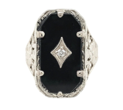 14k White Gold Floral Filigree Genuine Natural Black Onyx Diamond Ring (#J6599) - $792.00