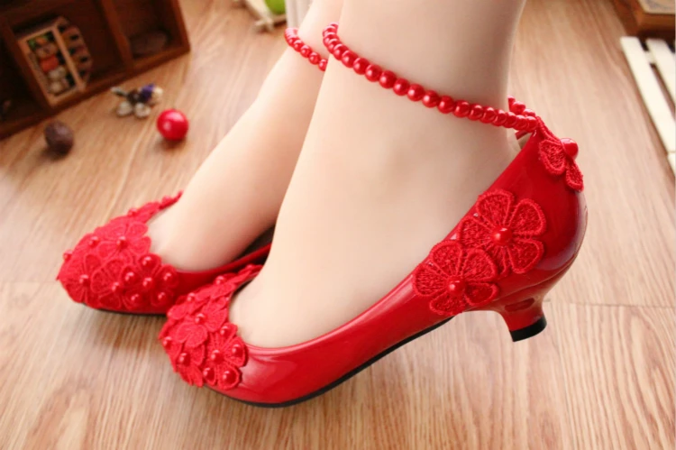 Sorbern White / Red flower Flat Wedding Shoes Beading Ankle Strap 3Cm 5Cm 8Cm He - £151.64 GBP