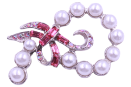 Vintage Rose Pink Rhinestone Bow Brooch Made with Swarovski Faux Pearls - £12.86 GBP