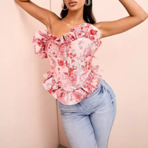 ASOS LUXE Jacqaurd Corset Ruffle Bandeau Top in Pink and Red Floral Print Sz 12 - £44.83 GBP