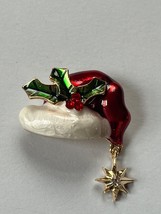 Red &amp; White Enamel Dimensional Santa Claus Hat w Holly &amp; Goldtone Star Charm Dan - $13.09