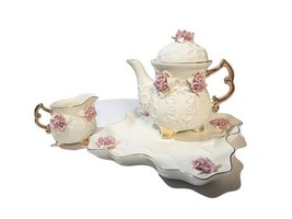 4- Piece (missing sugar bowl) Pink Roses Porcelain Tea Set Cracker Barrel. - £12.89 GBP