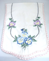 Vintage Hand Embroidered Dresser Scarf Blue Purple Flowers Pink Crochete... - £6.64 GBP