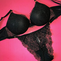Victoria&#39;s Secret 36DD BRA SET string panty BLACK lace gold VERY SEXY pl... - £62.14 GBP