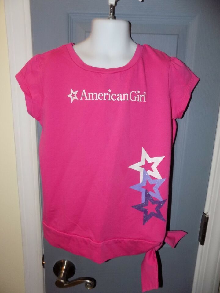 Primary image for AMERICAN GIRL Pink Short Sleeve Sparkly Star Side Tie Shirt Size 12 Girl's EUC