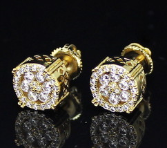 Mens 9mm Round 14k Gold Plated Screw Back Stud Cubic Zirconia Earrings Hip Hop - £9.45 GBP