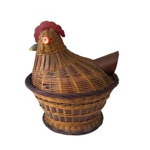 Vtg Hen Chinese Shanghai Handicrafts Chicken On Nest Basket Wicker Woven Lidded - £37.25 GBP