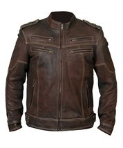 Mens biker vintage motorcycle distressed brown cafe racer leather jacket thumb200