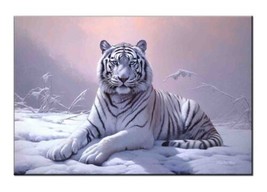 painting Giclee Majestic White Tiger Resting in Serene Snowscape-Wall Decor-Fun - £7.43 GBP+