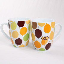Rachel Ray Set Of 2 Little Hoot Cups Mugs Owl Brown Orange Green Leaves With Owl - £8.40 GBP