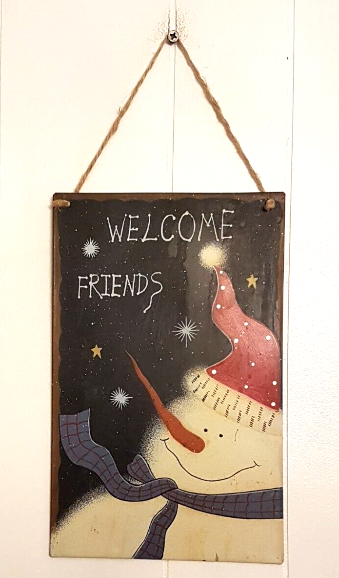 Metal Welcome Wall Sign SNOWMAN Plaid Scarf Tin Rustic Country Farmhouse... - $9.83