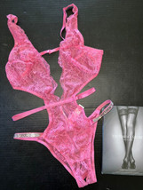 Victoria&#39;s Secret M CROTCHLESS TEDDY bodysuit one-piece PINK lace SHINE ... - £93.19 GBP