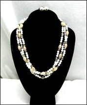 Triple Strand BEAD NECKLACE Vintage White Goldtone &amp; CLIP ON EARRINGS Be... - $16.99