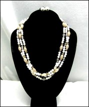 Triple Strand Bead Necklace Vintage White Goldtone &amp; Clip On Earrings Beaded - £13.54 GBP