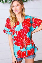 Teal &amp; Cherry Red Floral Print V Neck Top - £19.76 GBP