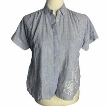 Floral Embroidered Button Up Striped Shirt M Blue White Collar  - £17.70 GBP
