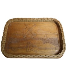 Vtg Hand Carved Wooden Catchall Tray Woven Costal Seaside Windmill Fishing Sail - £19.66 GBP