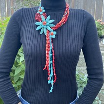 Beaded Snake Tassels 21&quot; Turquoise Coral Handmade Artsy Choker Necklace Jewelry - £158.12 GBP