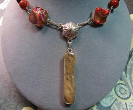 Art Glass Pendant &amp; Genuine RED TIGEREYE&#39;s &amp; Coral Stones 17&quot; Length Necklace  - $34.33