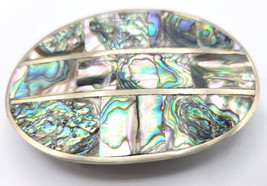 Vintage Abalone Shell Mother of Pearl Silver-Tone Belt Buckle Oval 3&quot; Me... - £22.67 GBP