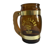 Six Flags Souvenir Atlanta Amber Barrel Glass Beer Mug Wood Handle Vintage - £13.55 GBP