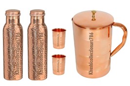 Pure Copper Water Pitcher Jug Hammered Bottle 2 Drinking Tumbler Glass S... - $60.54