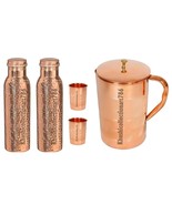 Pure Copper Water Pitcher Jug Hammered Bottle 2 Drinking Tumbler Glass S... - £47.60 GBP