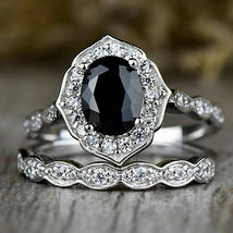 Halo Engagement Ring Bridal Set 2.5Ct Black Diamond 14K White Gold FN 925 Silver - £81.83 GBP