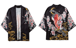 Digan jackets shirts mens carp fish koi cherry blossoms print japanese open front shirt thumb200