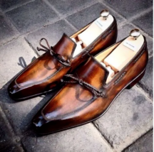 Men&#39;s Handmade Luxury brown Patina Penny loafers Shoes Hand Welted Shoes. - $167.94