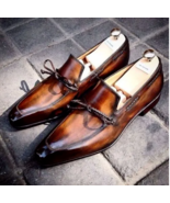 Men&#39;s Handmade Luxury brown Patina Penny loafers Shoes Hand Welted Shoes. - $155.99