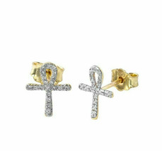  10K Solid Yellow Gold Diamond Mini Ankh Cross Stud Earrings - £160.28 GBP