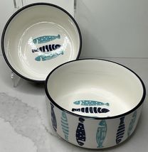 2 Signature Housewares 6" Ceramic Serving Bowl w/ Blue &amp; Aqua Fish Desig... - $31.63