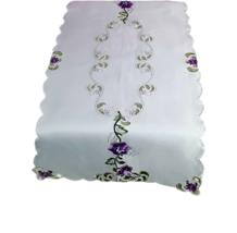 White Table Runner, Purple Flower, Embroidered Runner, Rustic Decor 24x48&quot; - $35.00
