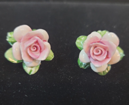 Vintage Porcelain Earrings Pink Rose with Green Leaves Clip On about 1 inch - $19.90