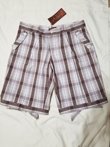 Aidan J-  XL or XXL Brown Tan &amp; White Plaid Bermuda Shorts 12&quot; Pockets Tie Bow - £5.57 GBP