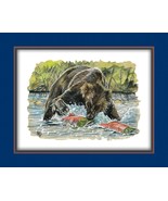 Bear in River with Fish Wildlife Canvas Art Print Various Border Matting... - $14.99+