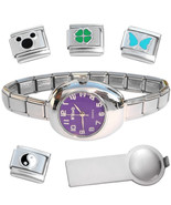 Purple Oval Italian Charm Watch Bracelet Plus Charm Tool &amp; Enamel Charms - €16,00 EUR