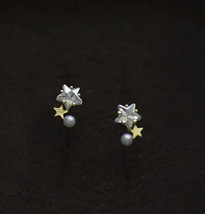 9ct Solid Gold Cosmic Star Stud Zirconia Earrings Handmade -ball, 9K Au375 - £82.91 GBP