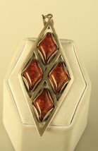 Vintage Sterling Silver Diamond Shaped Multi Cluster Amber Stone Modern Pendant - £38.10 GBP